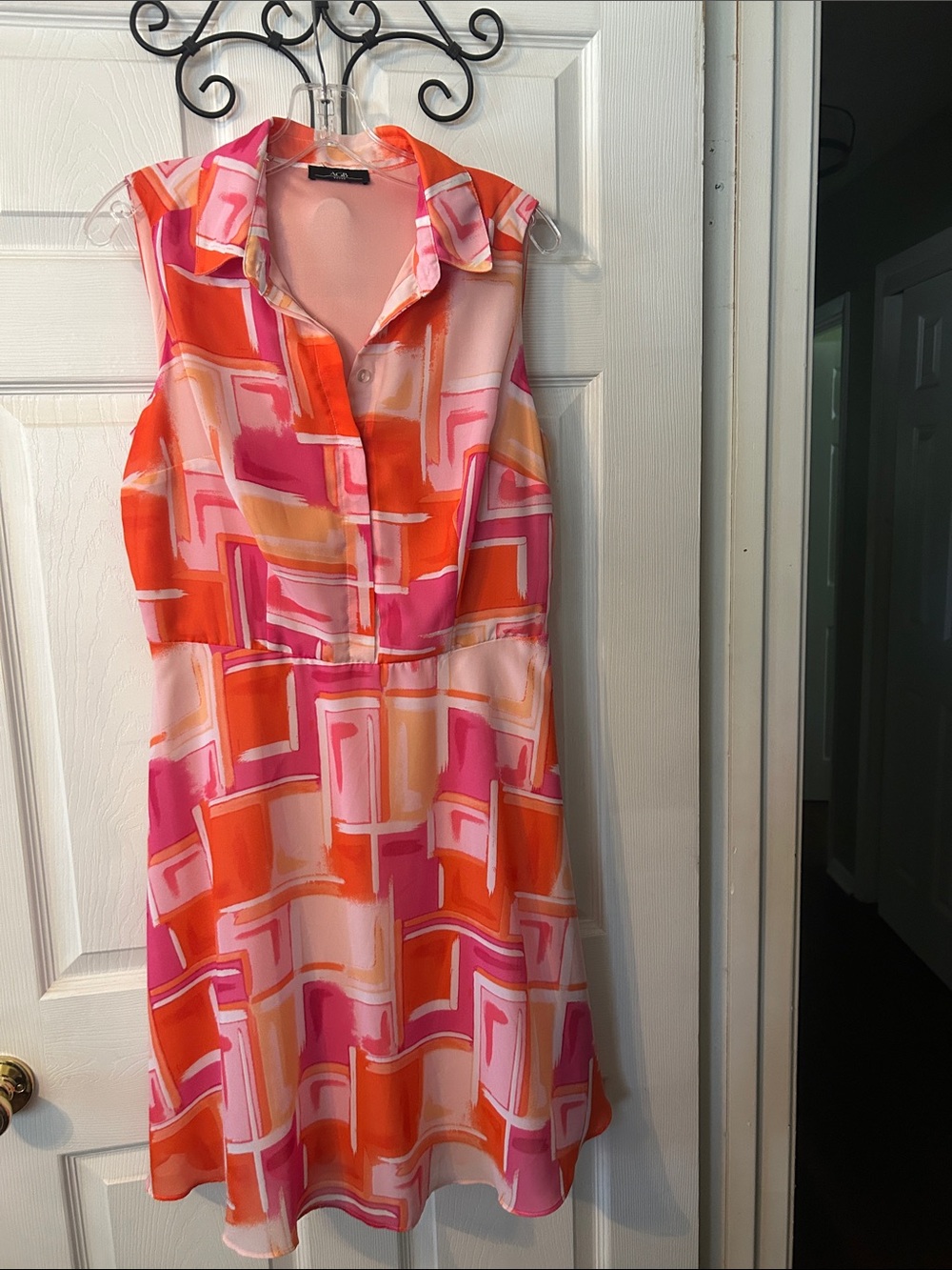 AGB Sleeveless Collared Mini Dress in Pink & Orange Geometric Print